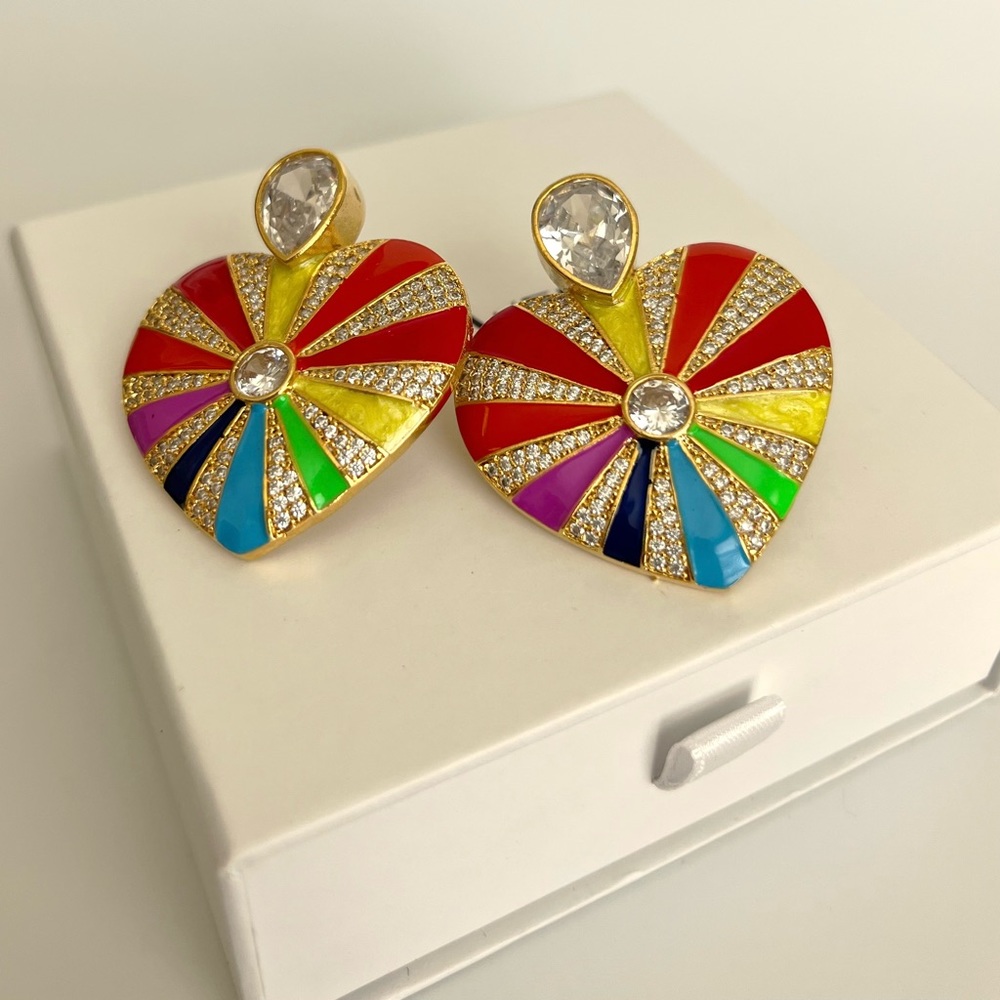 Heart Earrings 22k Gold Plated Enameled Handcrafted Jewelry - Picture 6 of 10